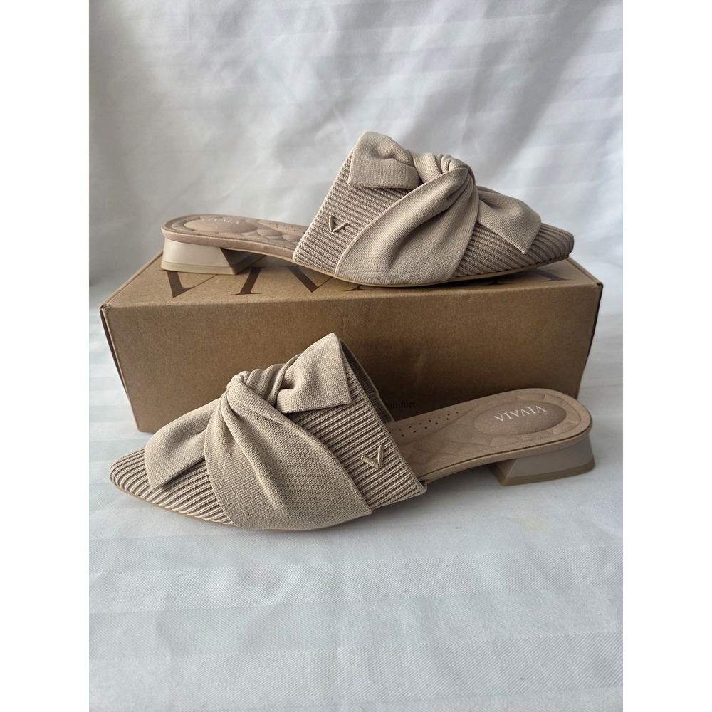Vivaia Yaffa Pro Almond Knotted Bow Pointed Toe Mules Knit Block Heel US 8 EU 39 - Picture 9 of 14